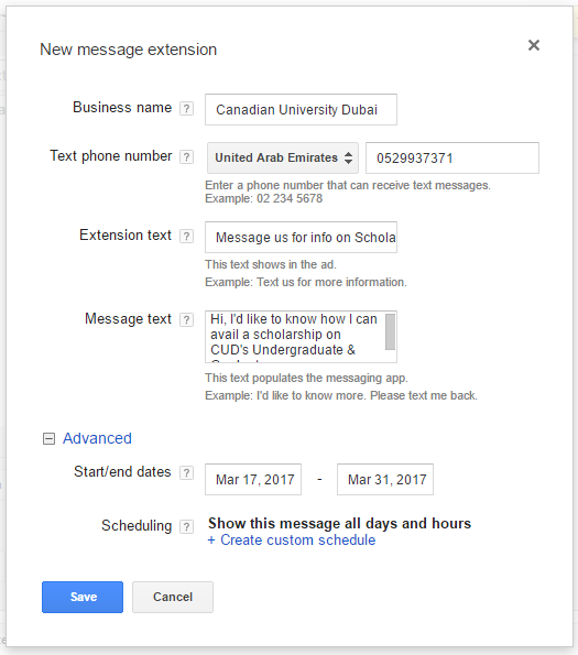 adwords message extension for universities in dubai.png